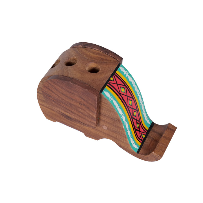 Wooden Handpainted Elephant Design Pen Cum Mobile Stand