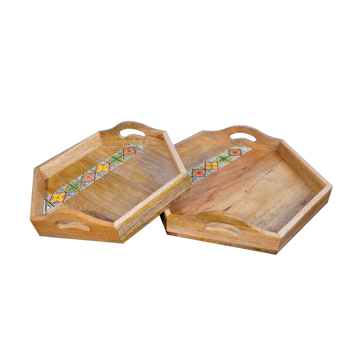 'Hexagonal Duo' Handpainted Wooden Serving Tray, Set of 2