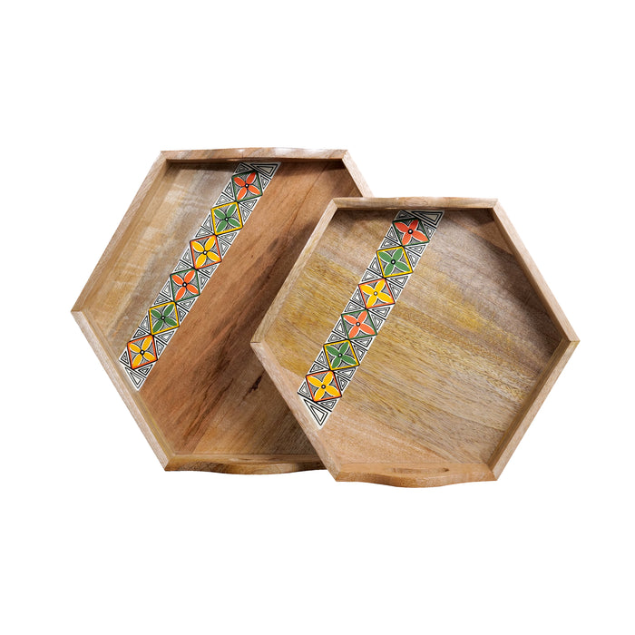 'Hexagonal Duo' Handpainted Wooden Serving Tray, Set of 2