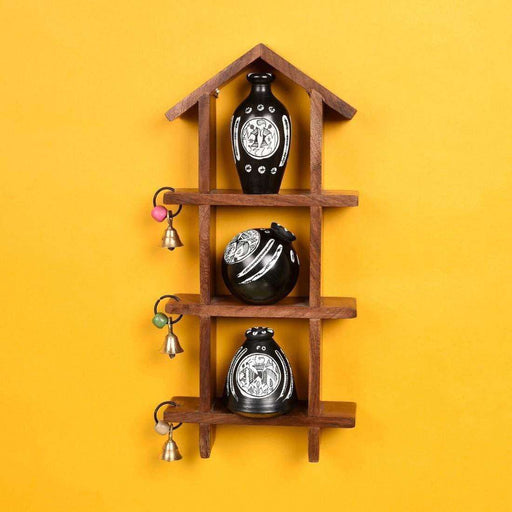 Wall Mounted Wooden Shelves With Decorative White Terracotta Mini Pots