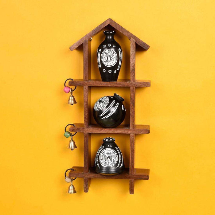 Wall Mounted Wooden Shelves With Decorative White Terracotta Mini Pots