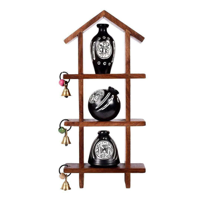 Wall Mounted Wooden Shelves With Decorative White Terracotta Mini Pots