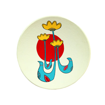 'Yellow Bloom' Off White Handpainted Terracotta Decorative Wall Plate, 9 Inch