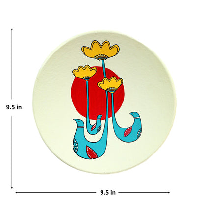 'Yellow Bloom' Off White Handpainted Terracotta Decorative Wall Plate, 9 Inch