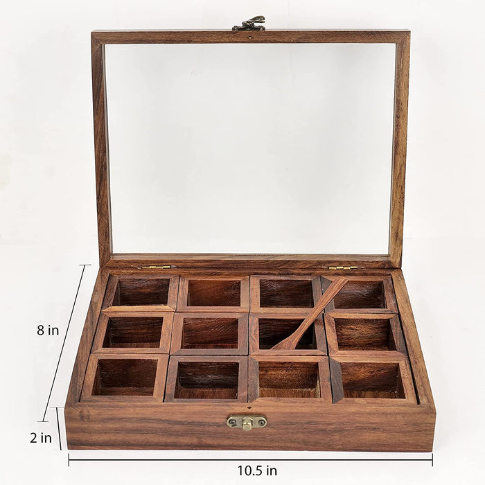 Sheesham Wood Rectangular Spice Box With 12 Container - artystagallery