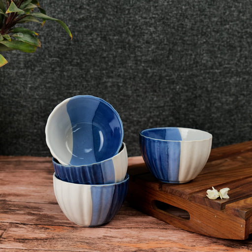 Artysta 'Treble Blue Ridged' Ceramic Studio Pottery Dining Bowls (Set of 4, 300 ml) - artystagallery