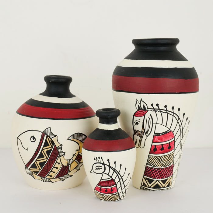 Terracotta Madhubani Hand-painted Decorative Vases, Set of 3