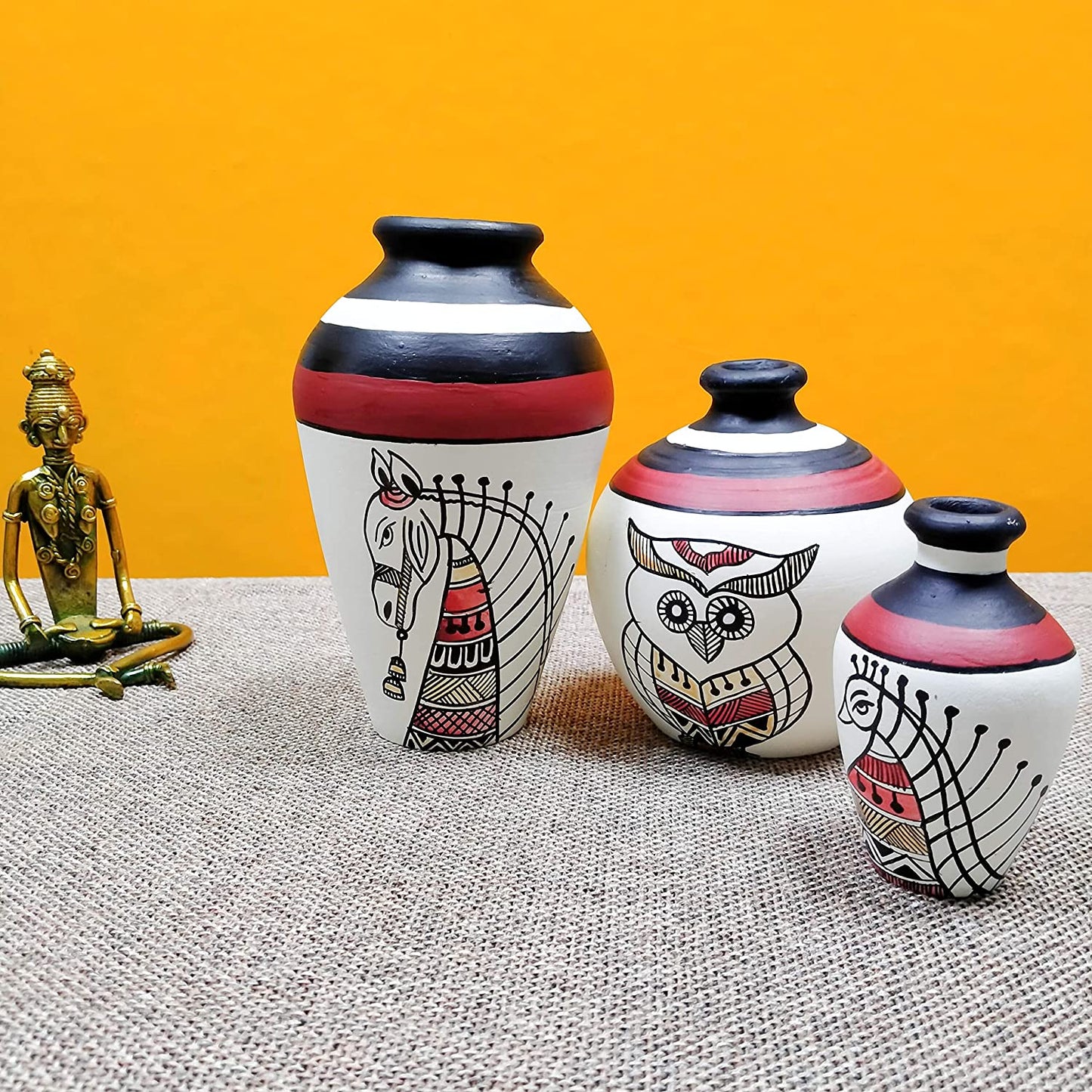 ‘Madhubani Creatures’ Hand-painted Terracotta Flower Vase, Set of 3