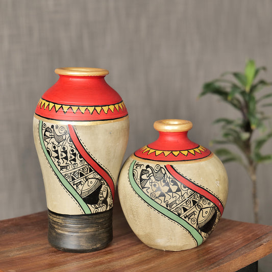 Decorative Terracotta Vase in Red and Beige Color (Set of 2)