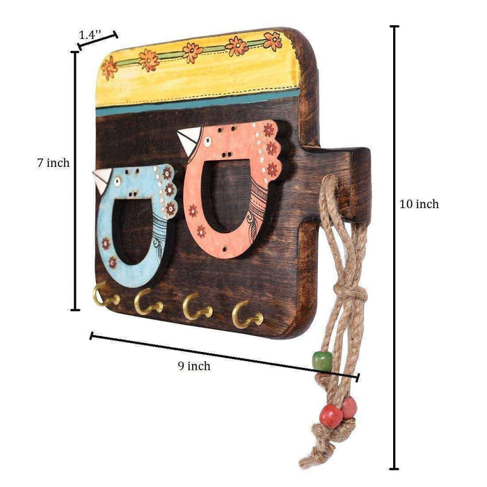 'Bird Motif' Handcrafted Wooden Key Holder (4 Key Hooks)