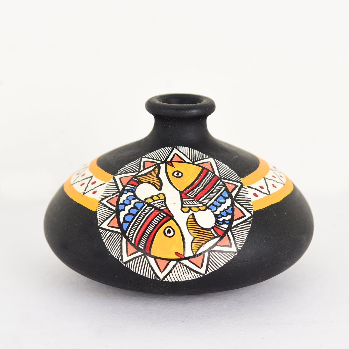 Madhubani Design Terracotta Decorative Vase In Black Color, Set of 2