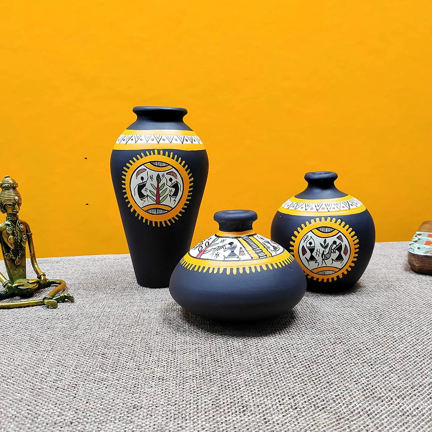 Warli Design Terracotta Vases In Black Color, Set of 3