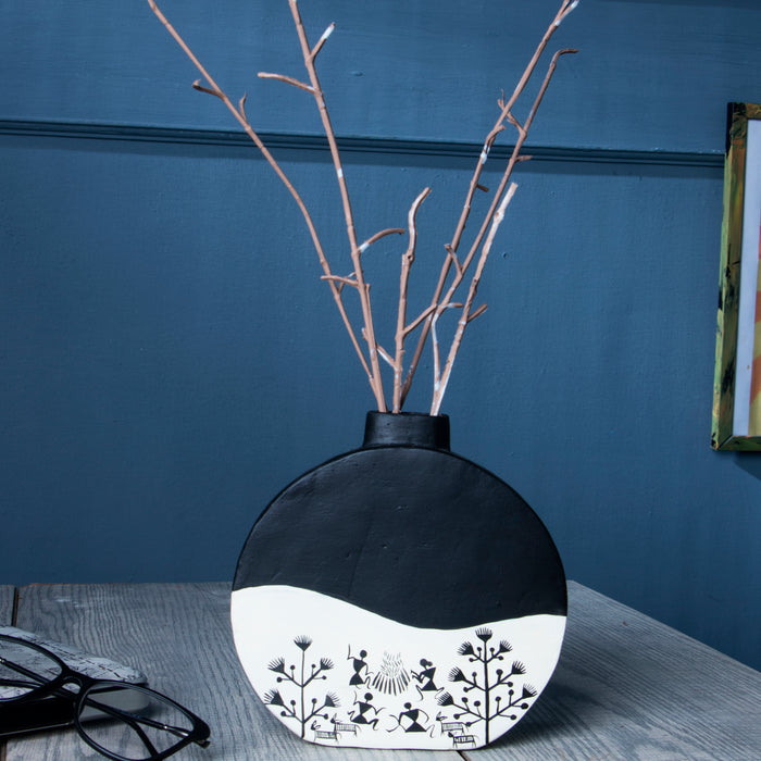 ‘Warli Rounds’ Terracotta Flower Vase In Black & White, Set of 2