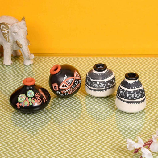 Decorative Wooden Wall Shelf With Miniature Terracotta Pots, Set of 4