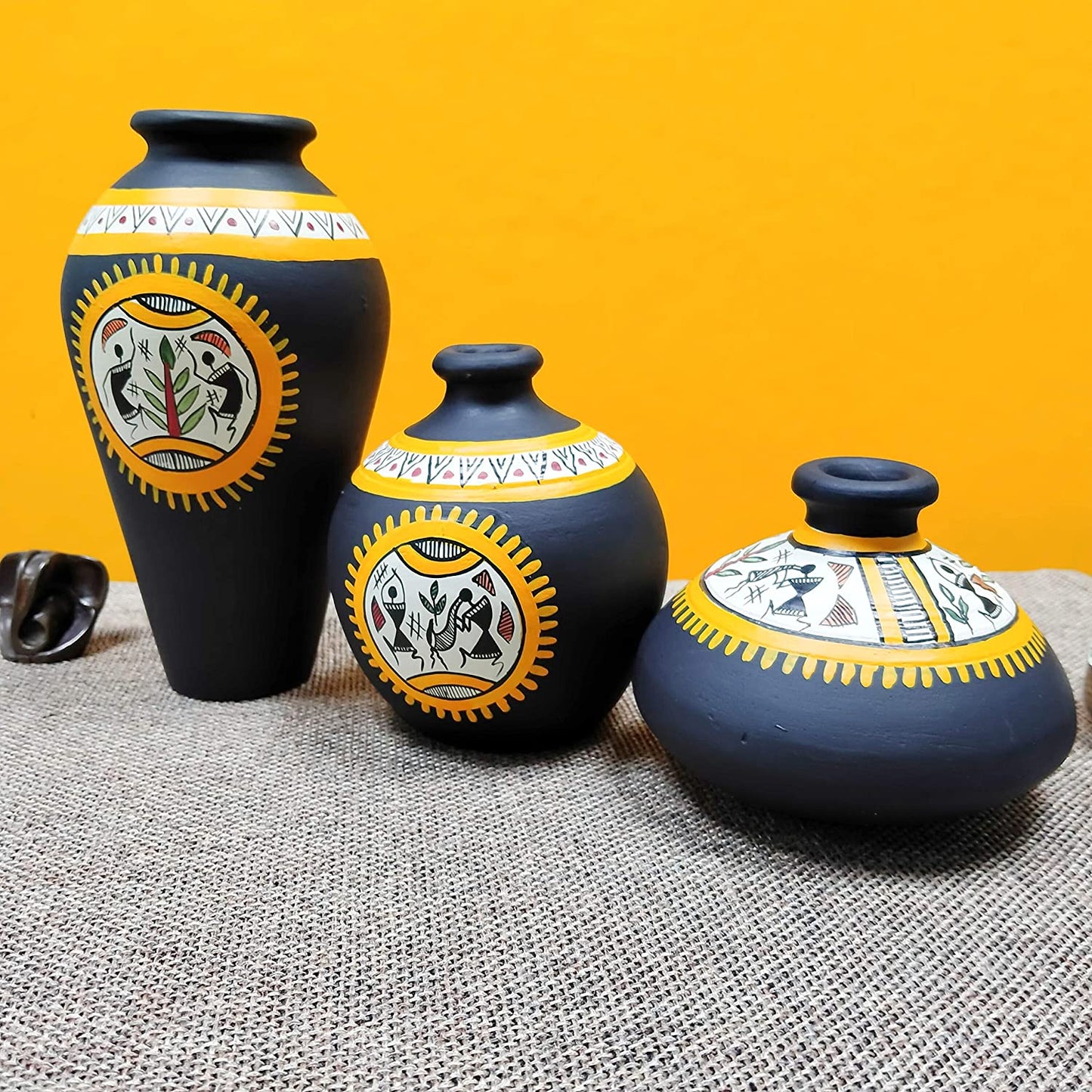 Warli Design Terracotta Vases In Black Color, Set of 3