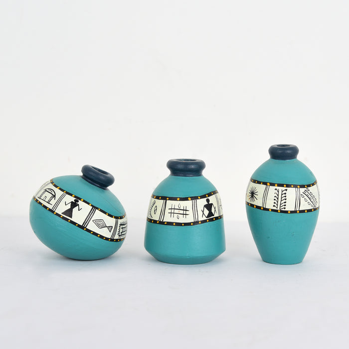Miniature Terracotta Vases in Aqua Blue Color, Set of 3