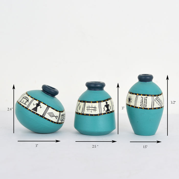 Miniature Terracotta Vases in Aqua Blue Color, Set of 3