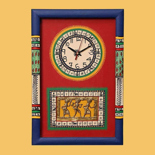 Handcrafted Rectangular Wooden Wall Clock In Red Color