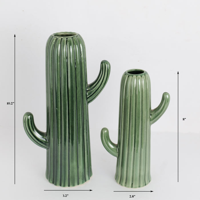 'Green Cactus' Ceramic Decorative Flower Vase For Home Decor, Set of 2