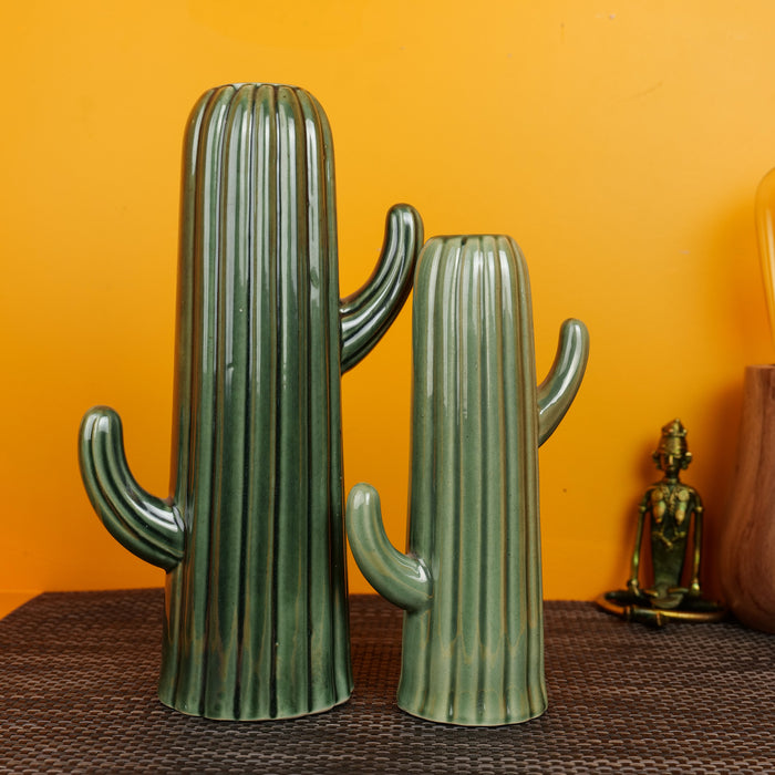 'Green Cactus' Ceramic Decorative Flower Vase For Home Decor, Set of 2