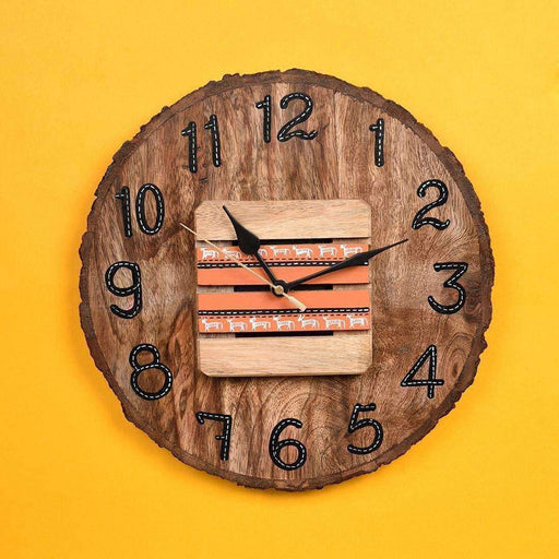 'Circular Log' Wooden Wall Clock, Warli Hand-painted (11 Inch)