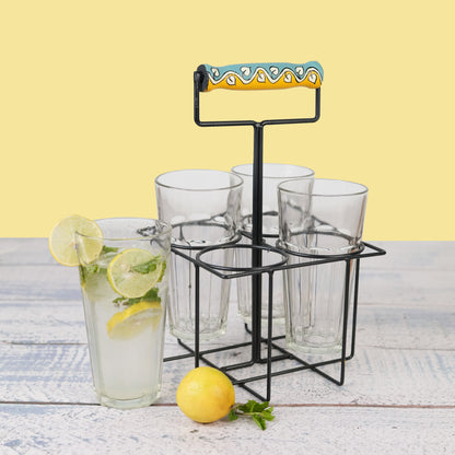 Handcrafted Juice Glasses With Stand In Yellow Color, Set of 4