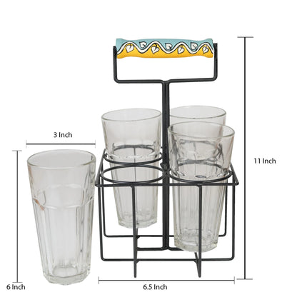 Handcrafted Juice Glasses With Stand In Yellow Color, Set of 4