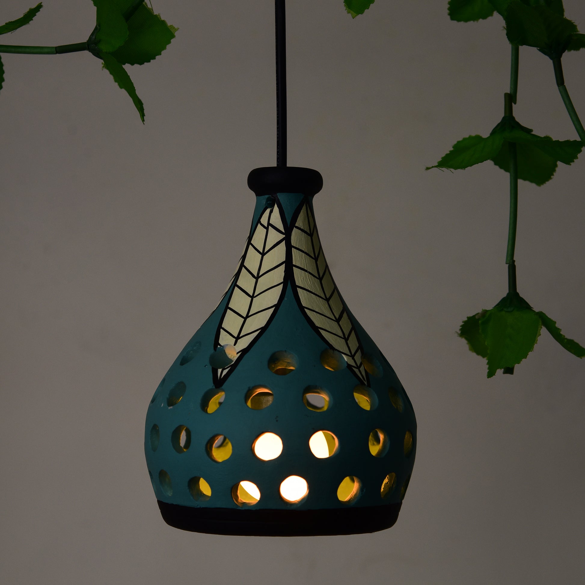 "Ethnic Lantern" Terracotta Handcrafted Hanging Lamp In Blue Color