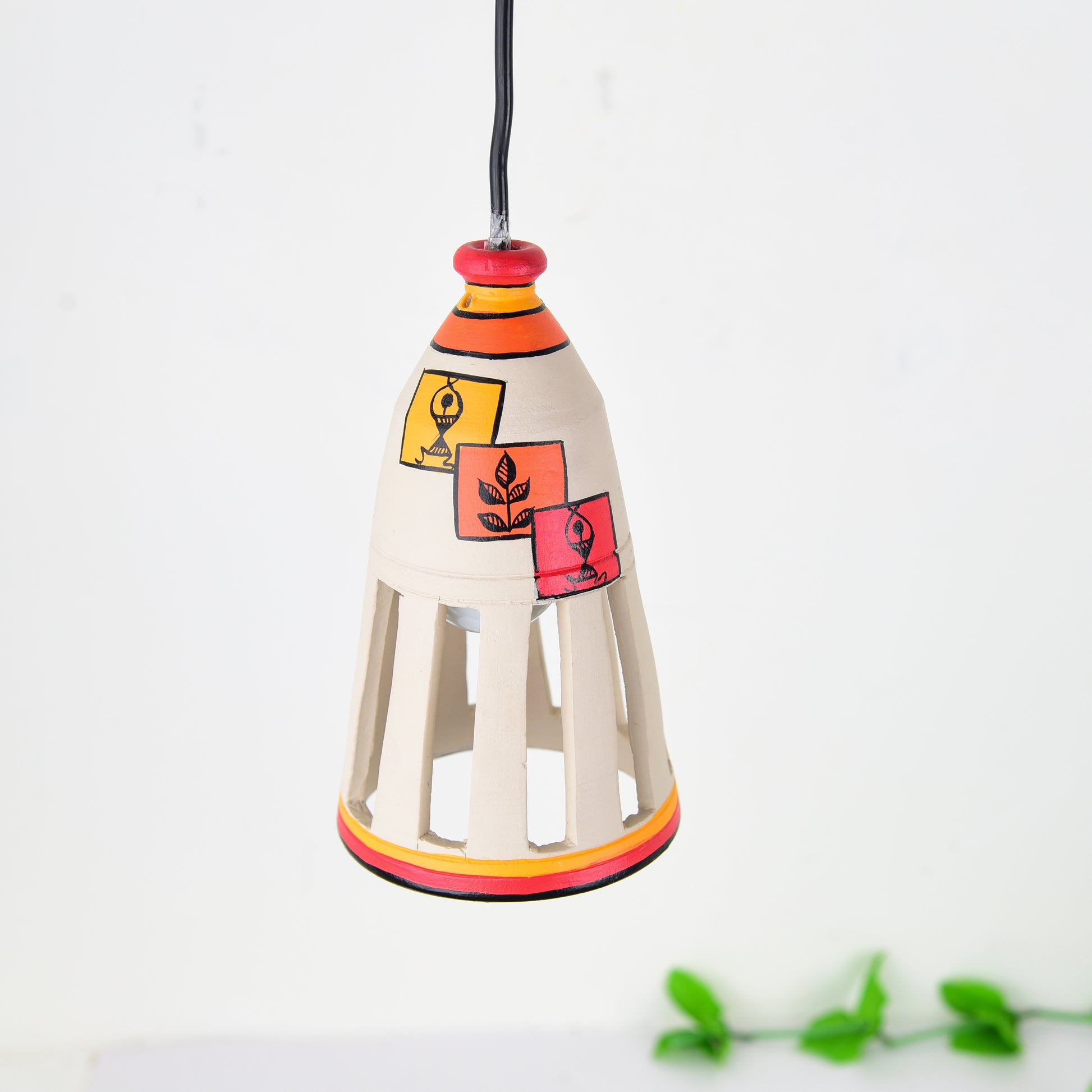 'Warli Bottle' Hand-painted Hanging Lamp In Terracotta (Beige)