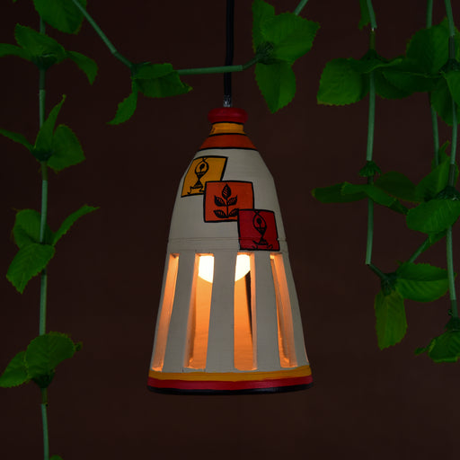 'Warli Bottle' Hand-painted Hanging Lamp In Terracotta (Beige)
