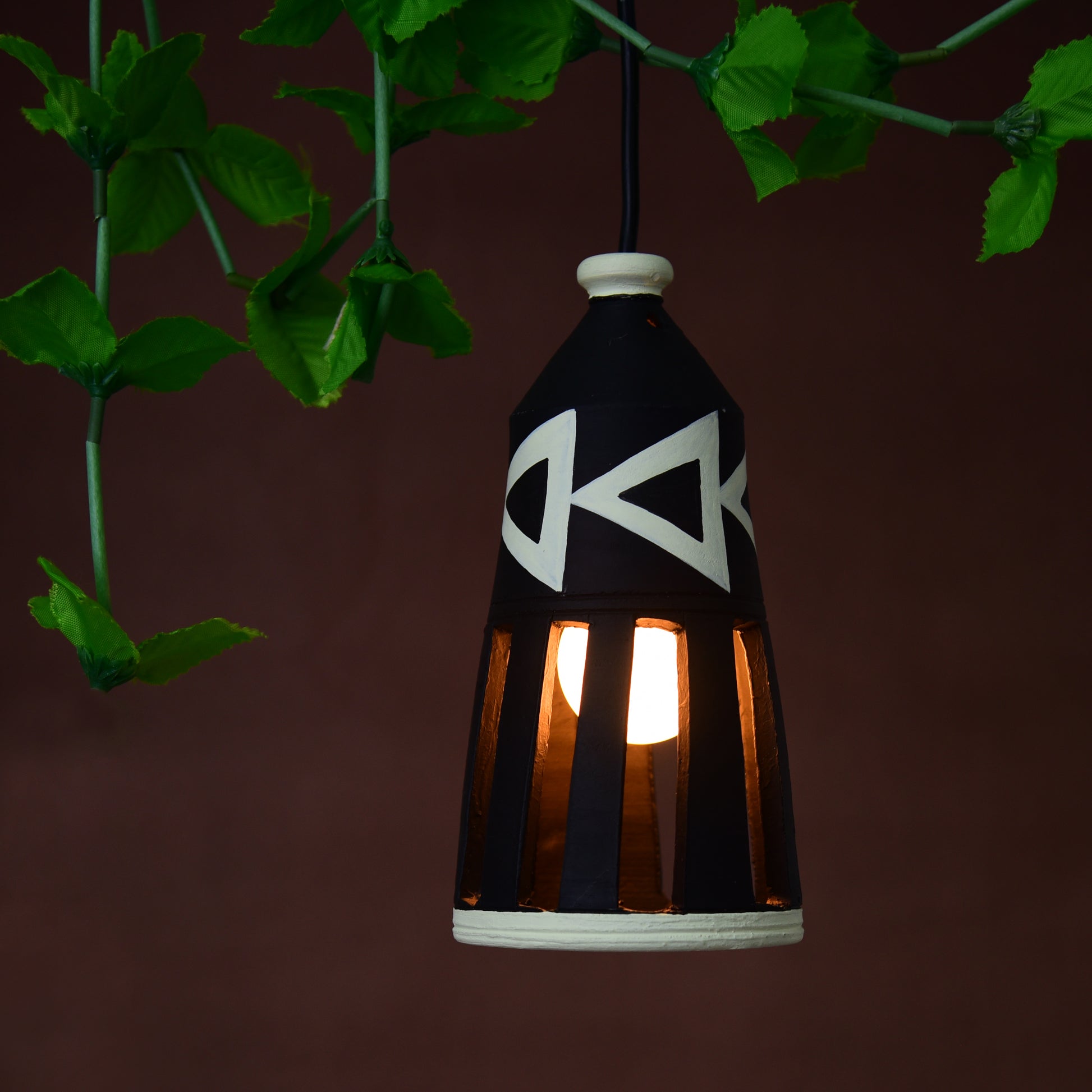 'Ternion Bottle' Terracotta Hand-painted Hanging Lamp (Black & White)
