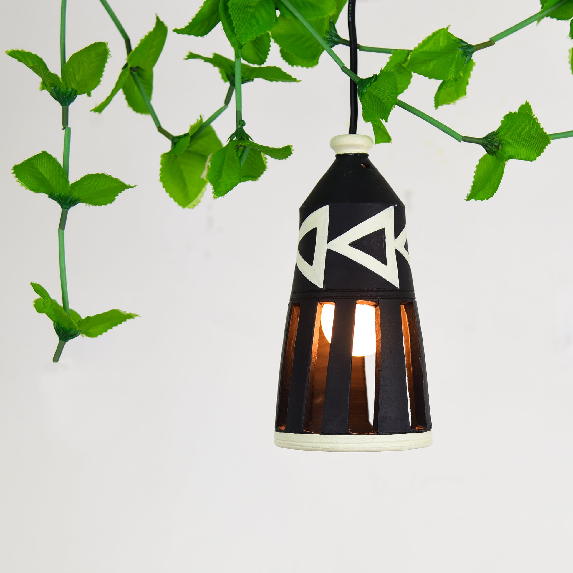 'Ternion Bottle' Terracotta Hand-painted Hanging Lamp (Black & White)