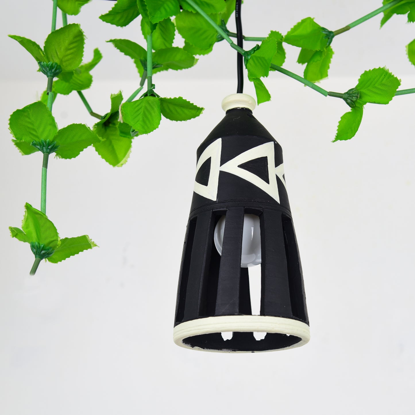 'Ternion Bottle' Terracotta Hand-painted Hanging Lamp (Black & White)