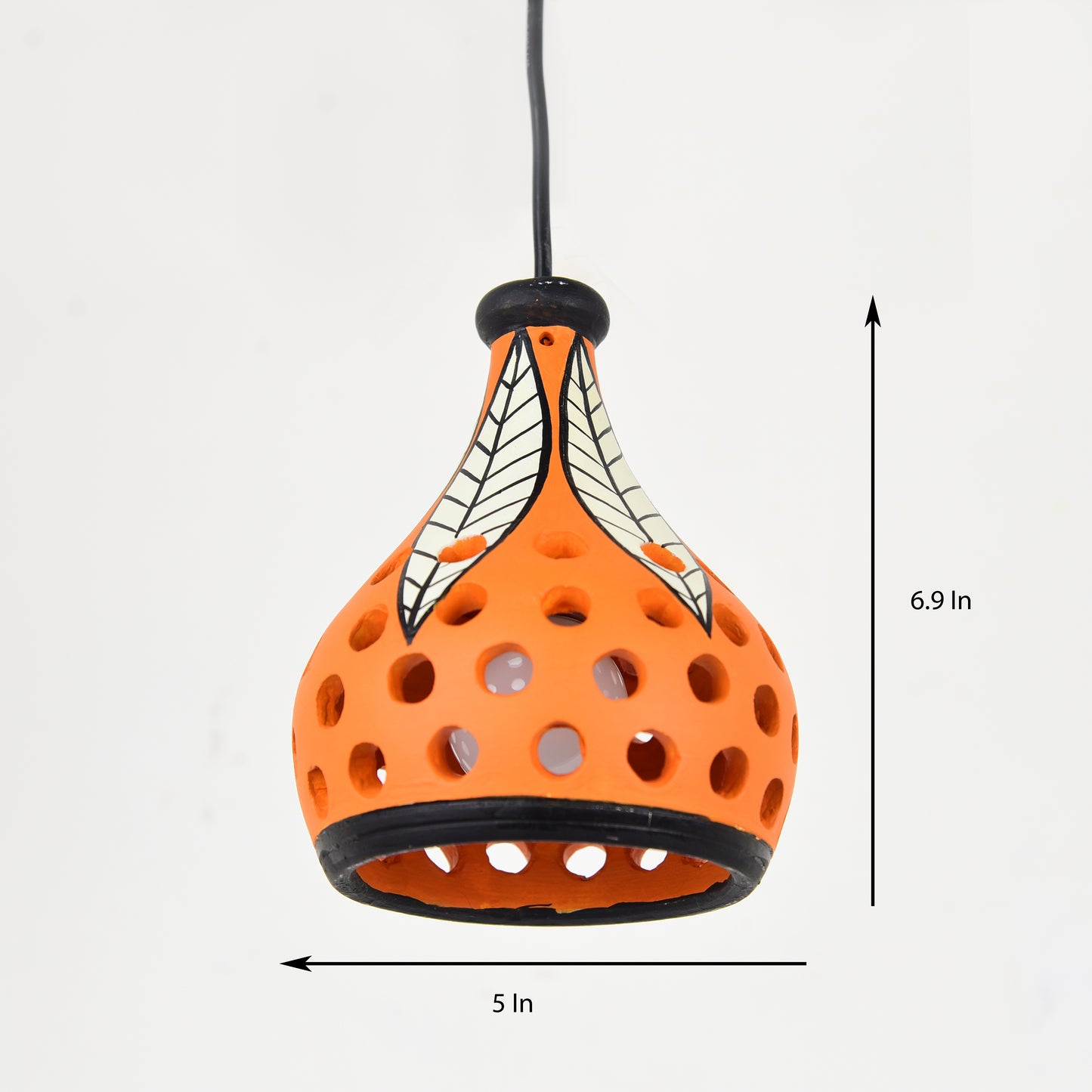 'Leafy Lantern' Terracotta Hand-painted Hanging Lamp (Orange & White)