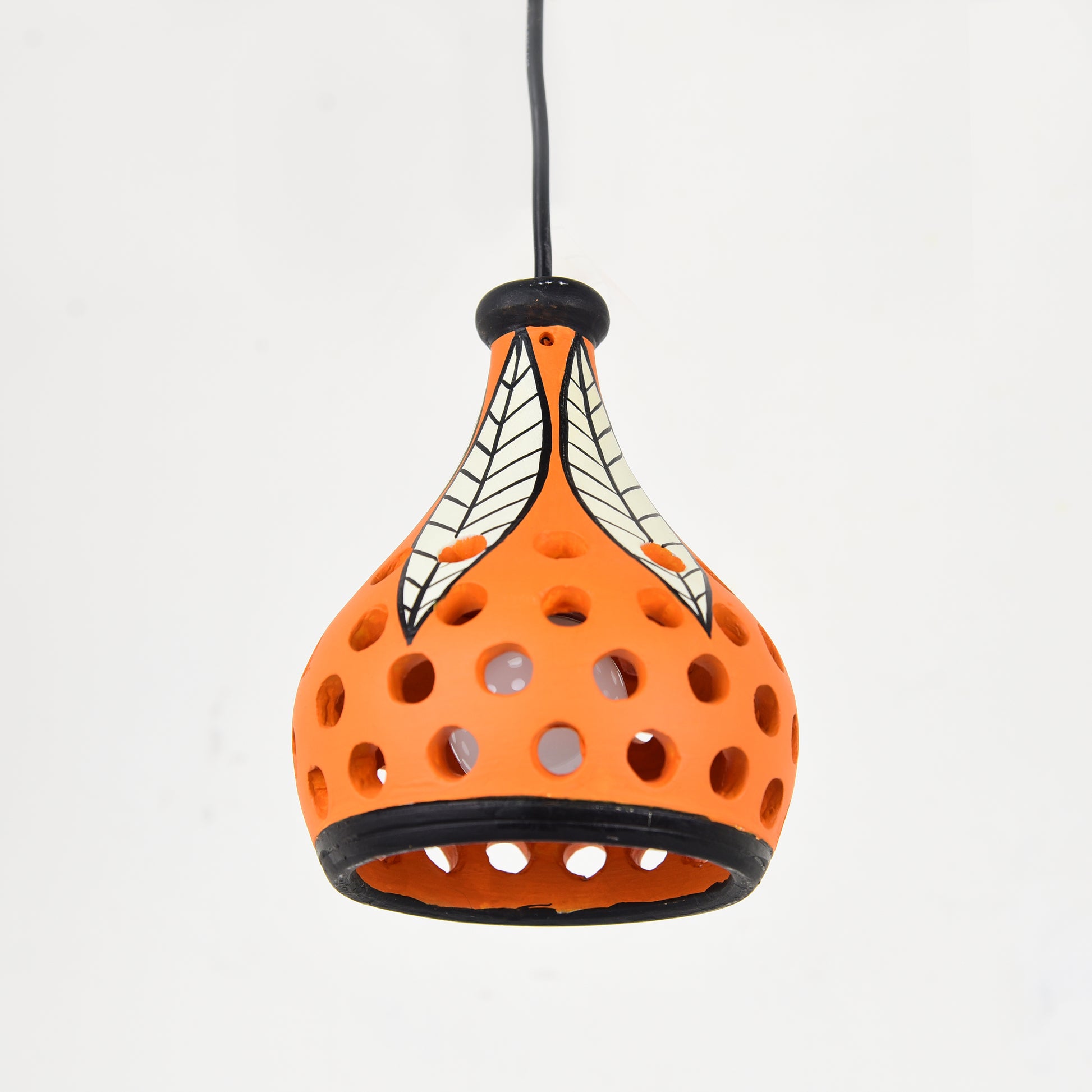 'Leafy Lantern' Terracotta Hand-painted Hanging Lamp (Orange & White)