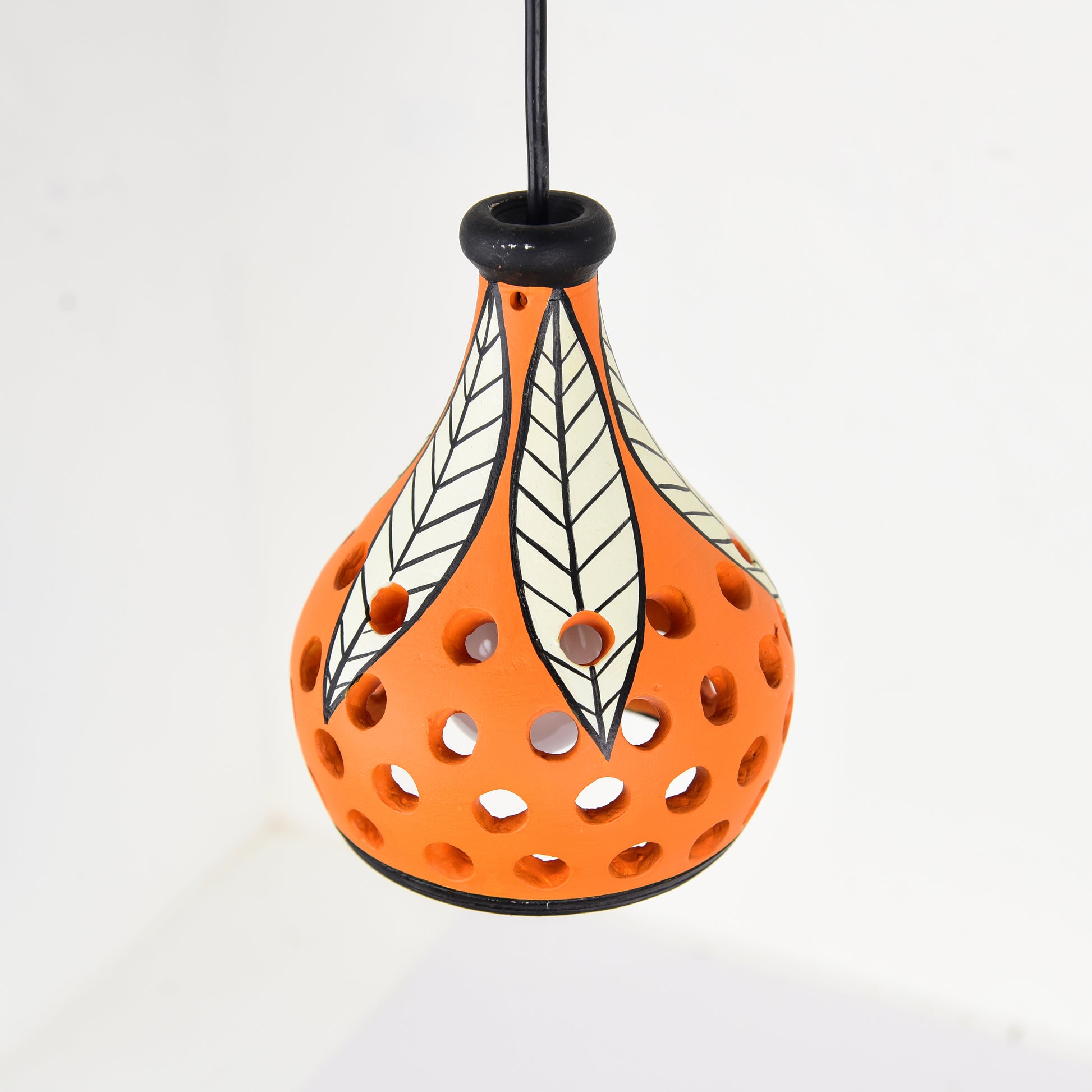 'Leafy Lantern' Terracotta Hand-painted Hanging Lamp (Orange & White)