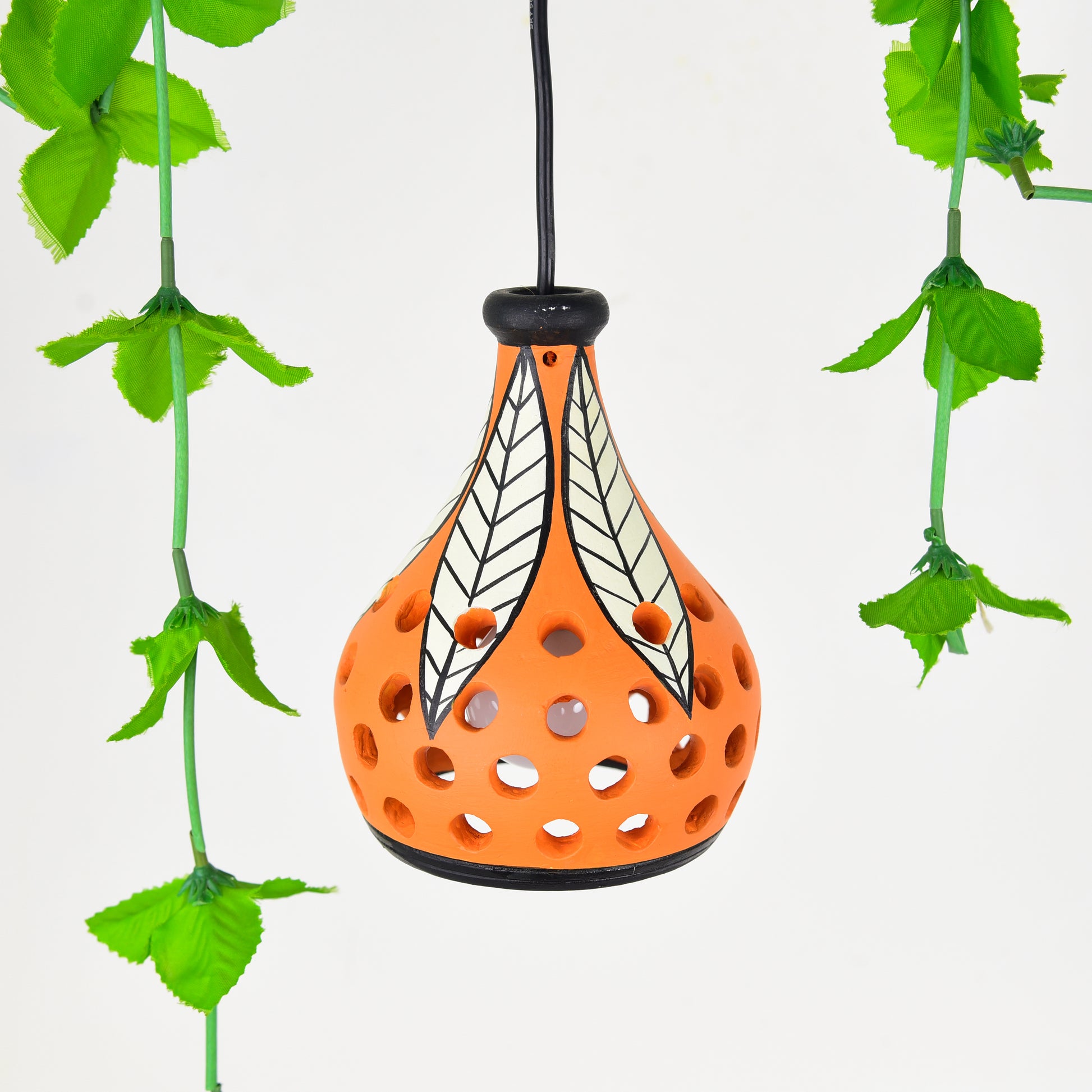 'Leafy Lantern' Terracotta Hand-painted Hanging Lamp (Orange & White)