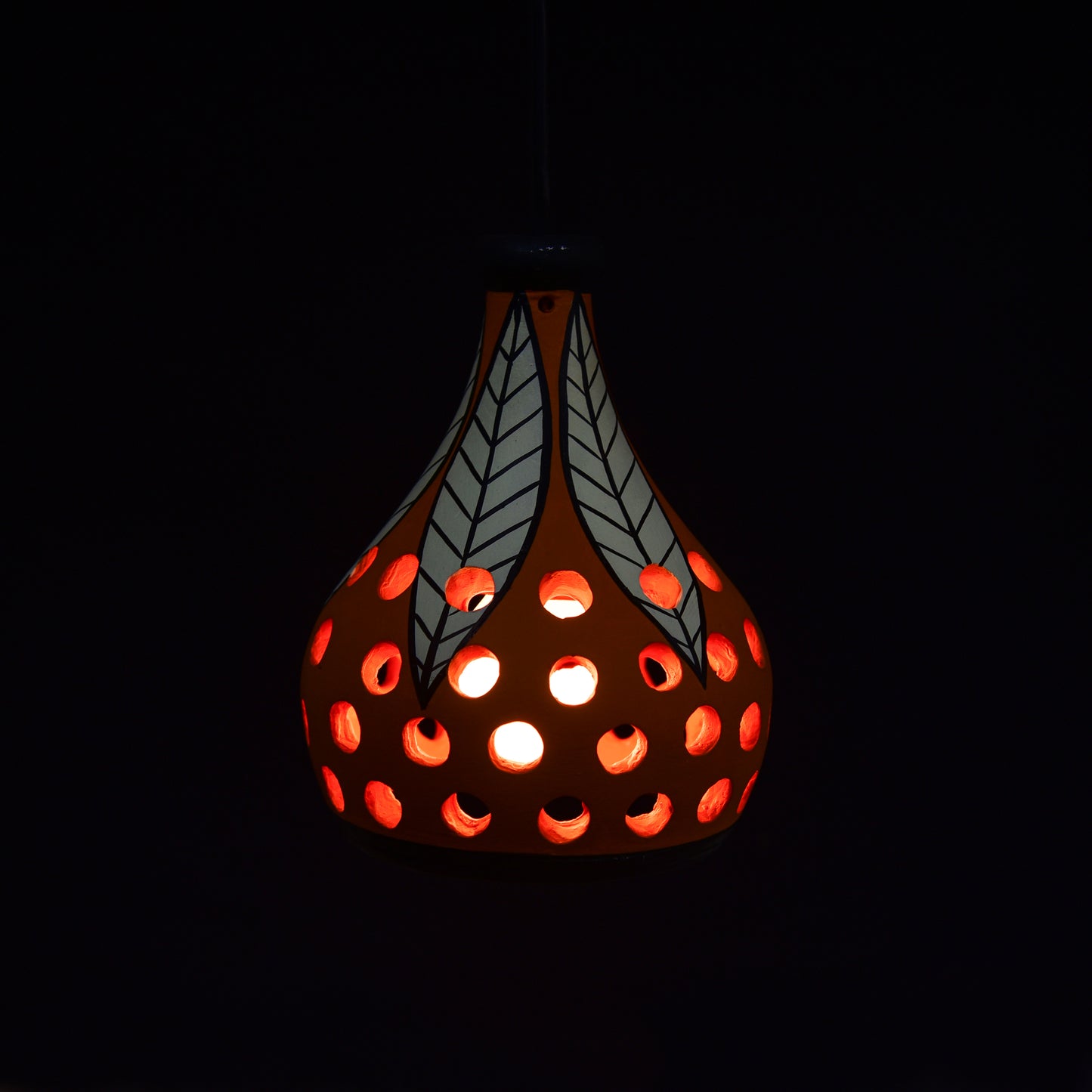 'Leafy Lantern' Terracotta Hand-painted Hanging Lamp (Orange & White)