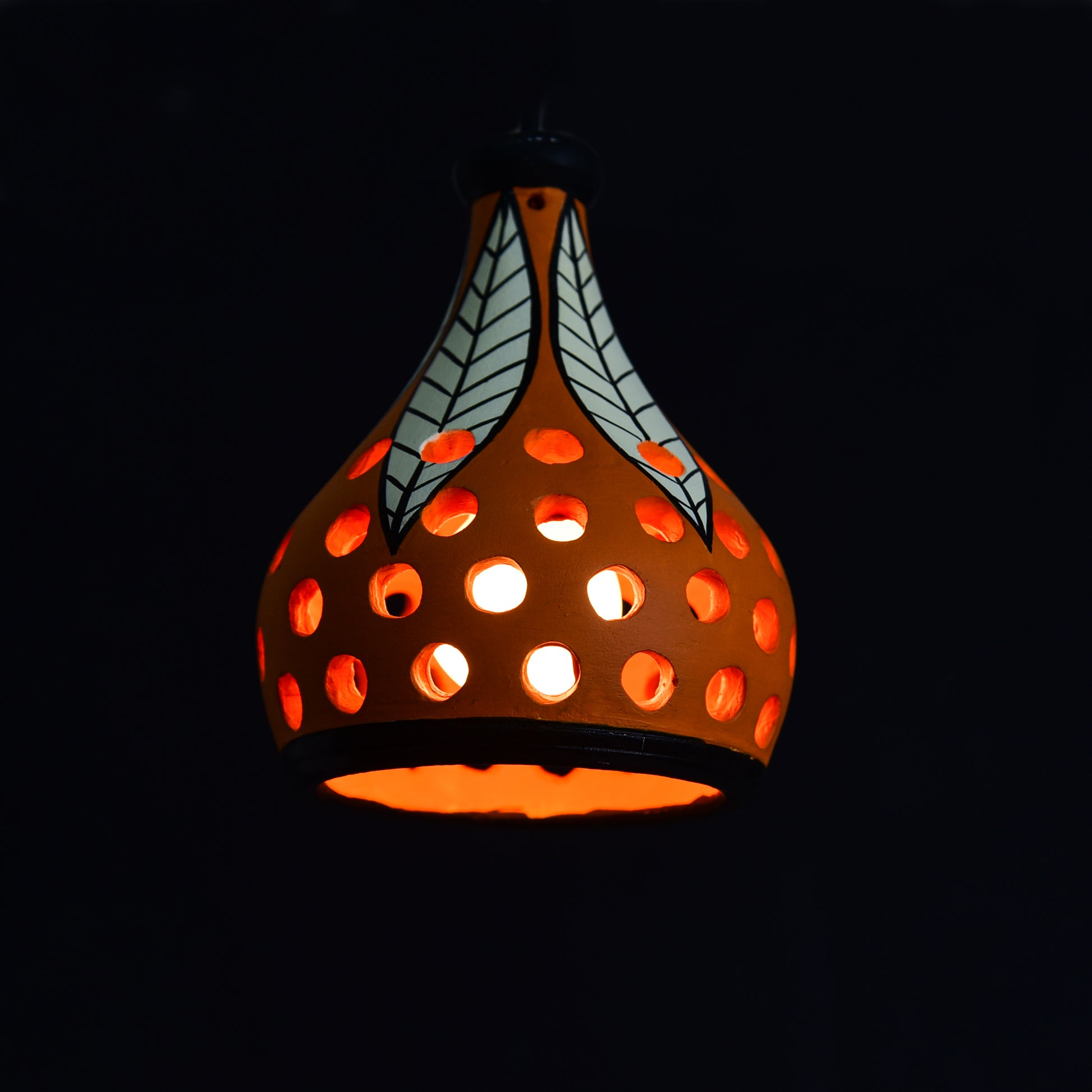 'Leafy Lantern' Terracotta Hand-painted Hanging Lamp (Orange & White)
