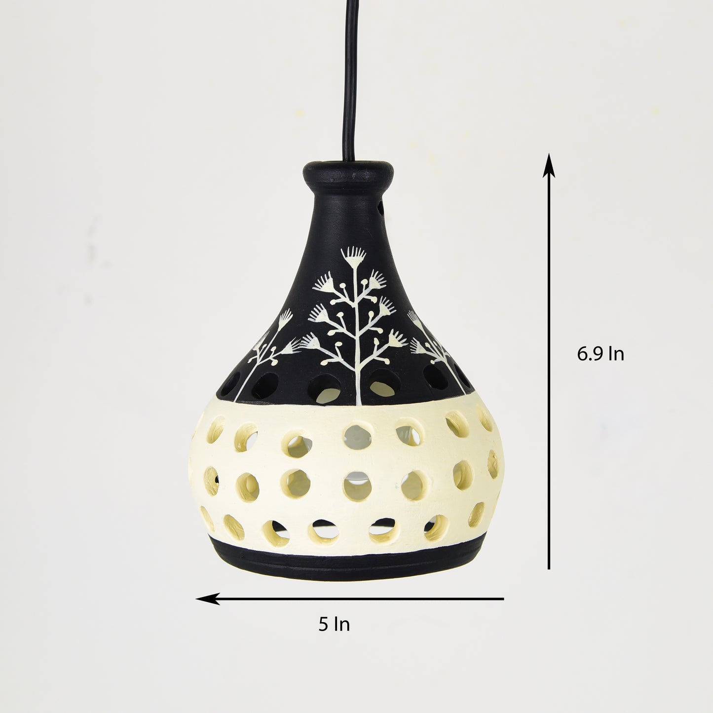 'Warli Pot' Terracotta Hanging Lamp Hand-Painted (Black & White)