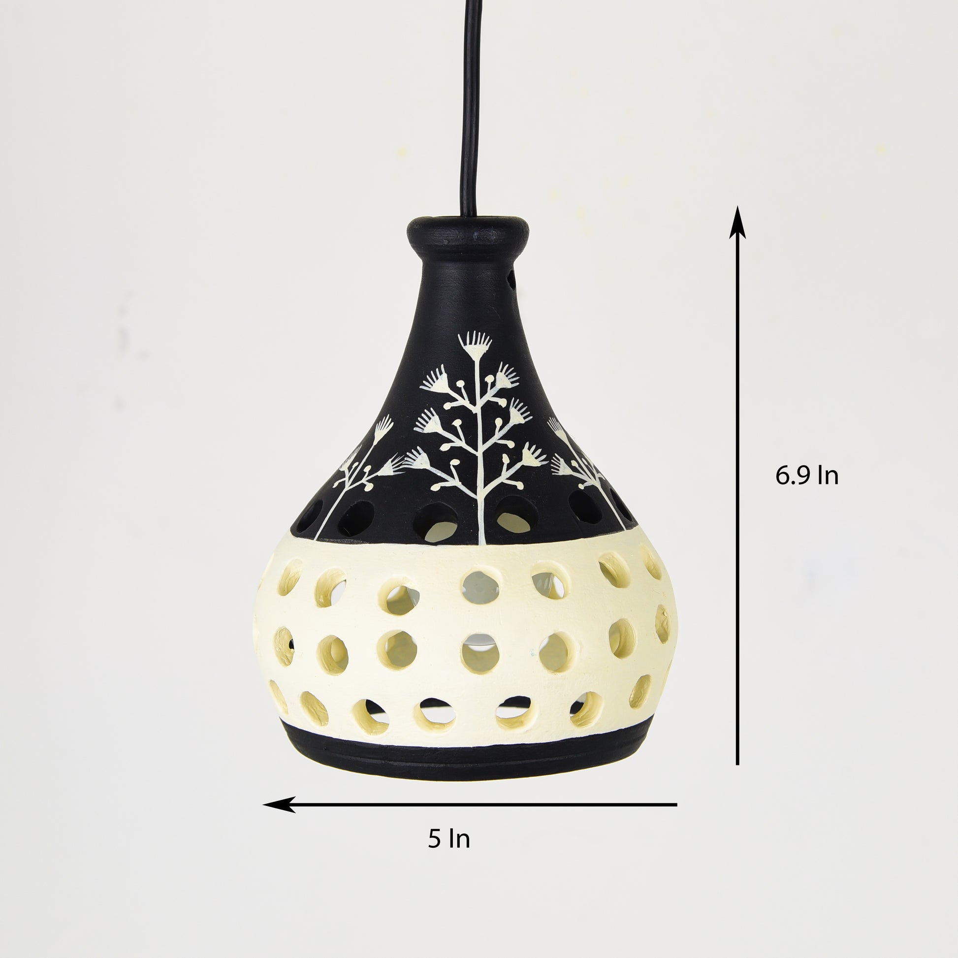 'Warli Pot' Terracotta Hanging Lamp Hand-Painted (Black & White)