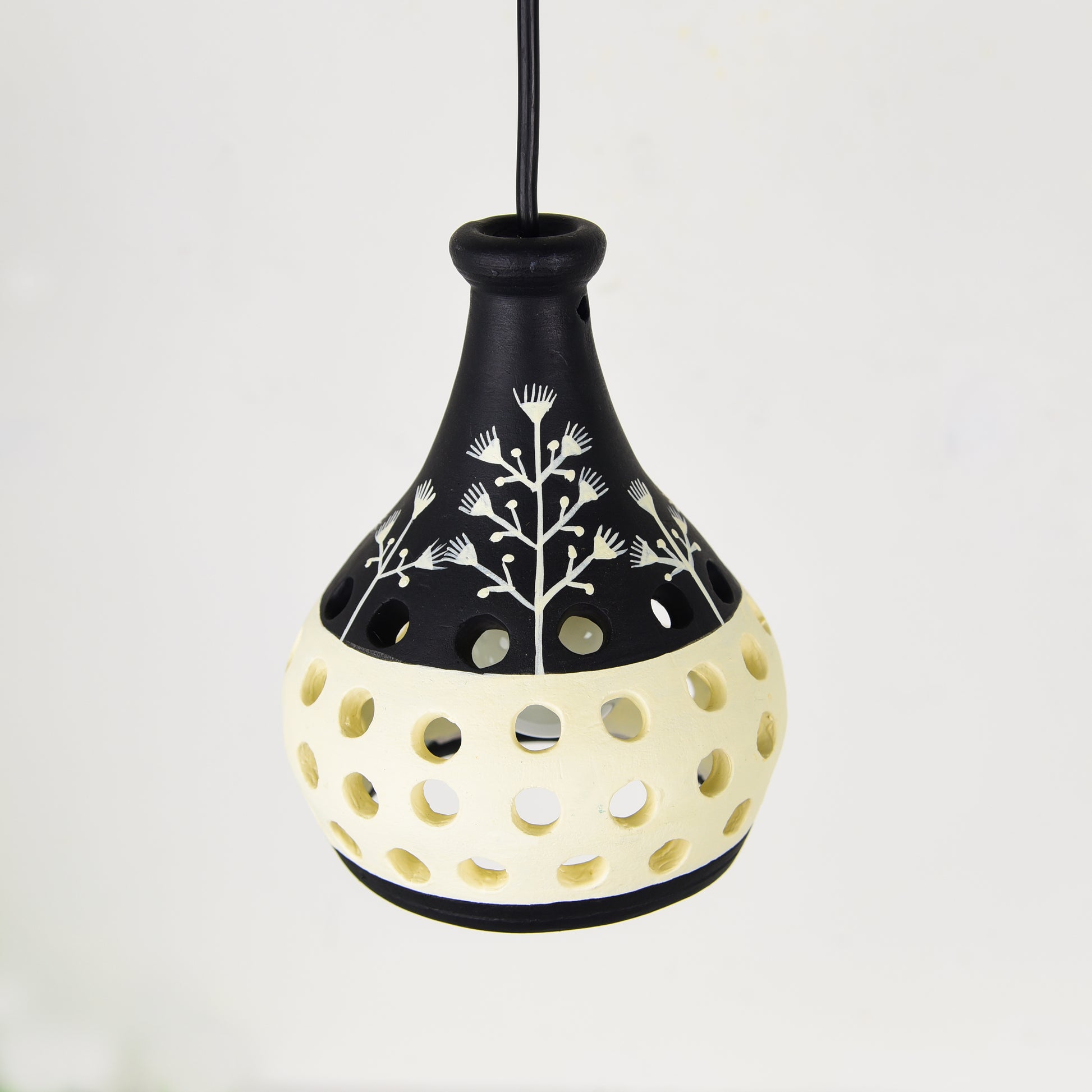 'Warli Pot' Terracotta Hanging Lamp Hand-Painted (Black & White)