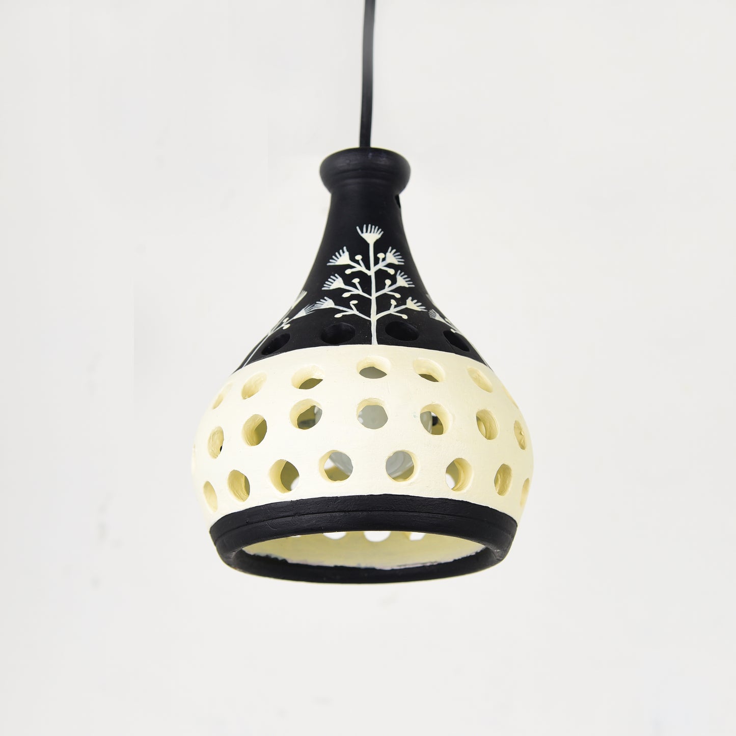 'Warli Pot' Terracotta Hanging Lamp Hand-Painted (Black & White)