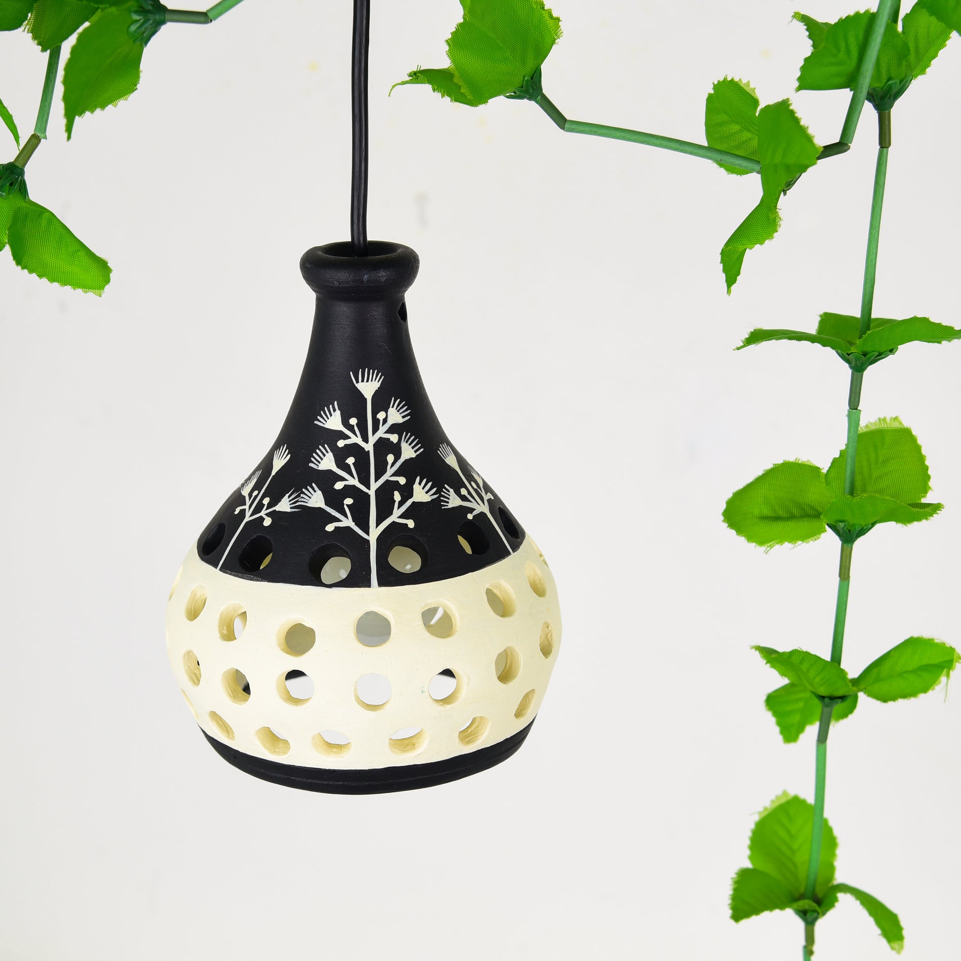 'Warli Pot' Terracotta Hanging Lamp Hand-Painted (Black & White)