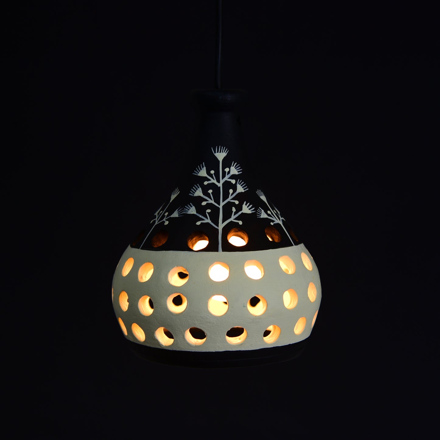 'Warli Pot' Terracotta Hanging Lamp Hand-Painted (Black & White)