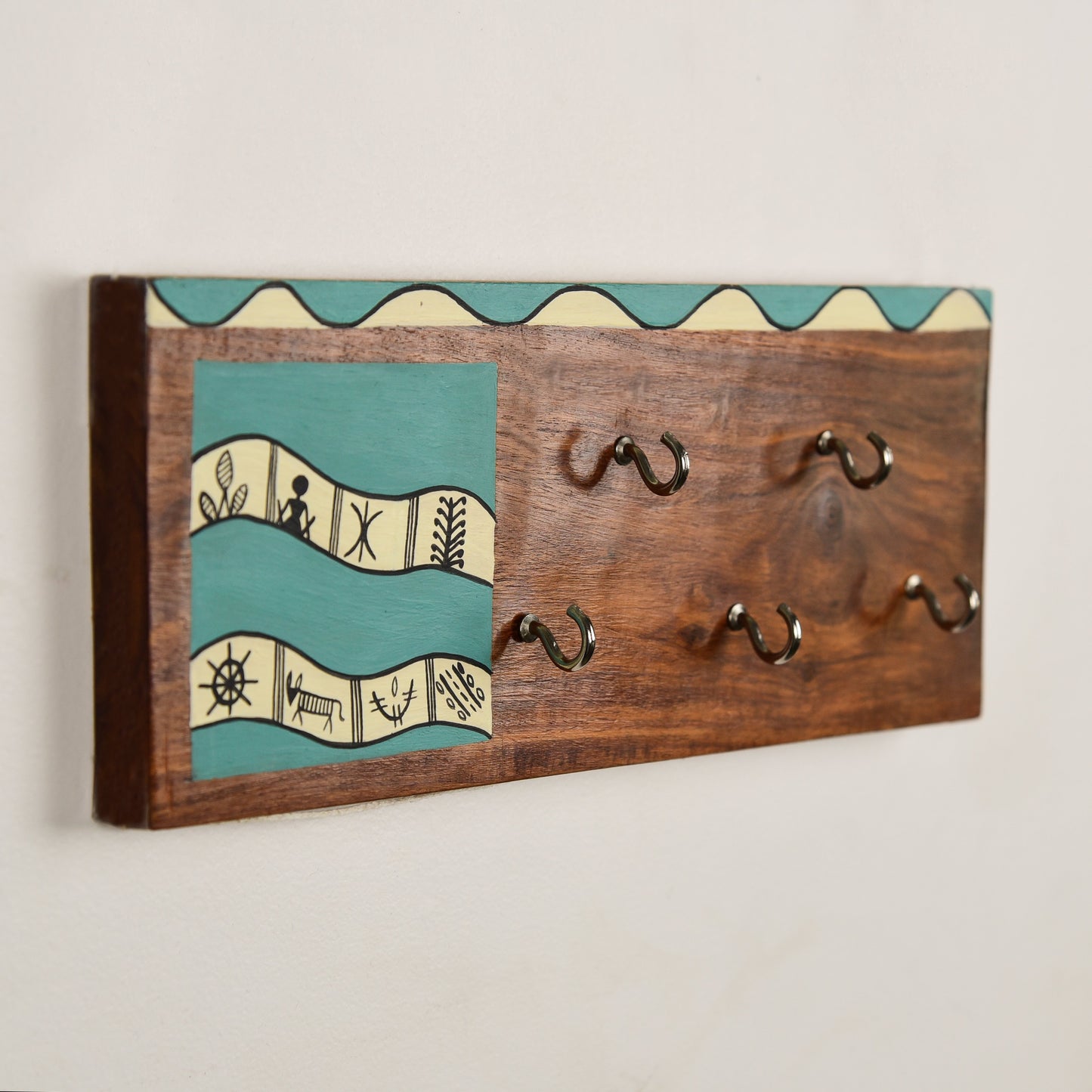Handcrafted Wooden Decorative Key Holder | Sea Green Warli Key Chain Hanger for Décor