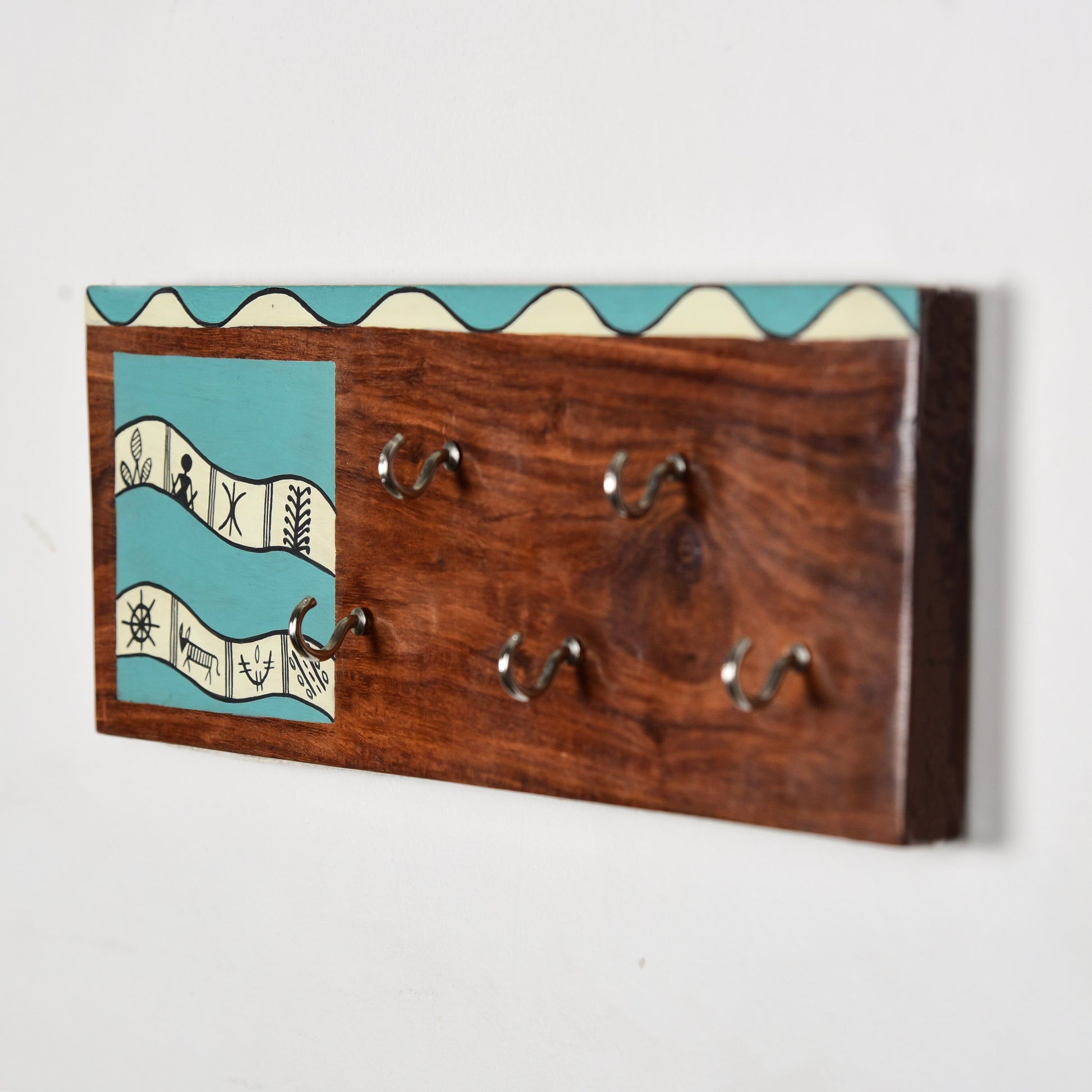Handcrafted Wooden Decorative Key Holder | Sea Green Warli Key Chain Hanger for Décor