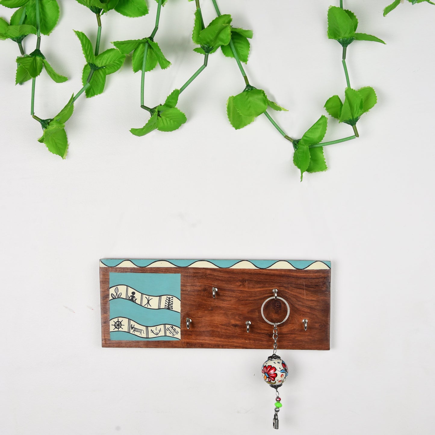 Handcrafted Wooden Decorative Key Holder | Sea Green Warli Key Chain Hanger for Décor