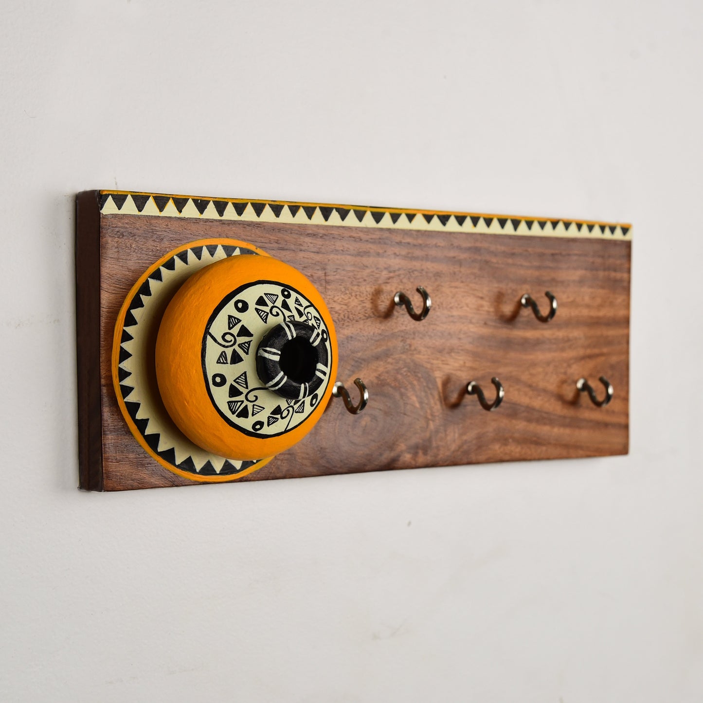 'Matki On Top' Handcrafted Wooden Decorative Key Holder In Yellow Color