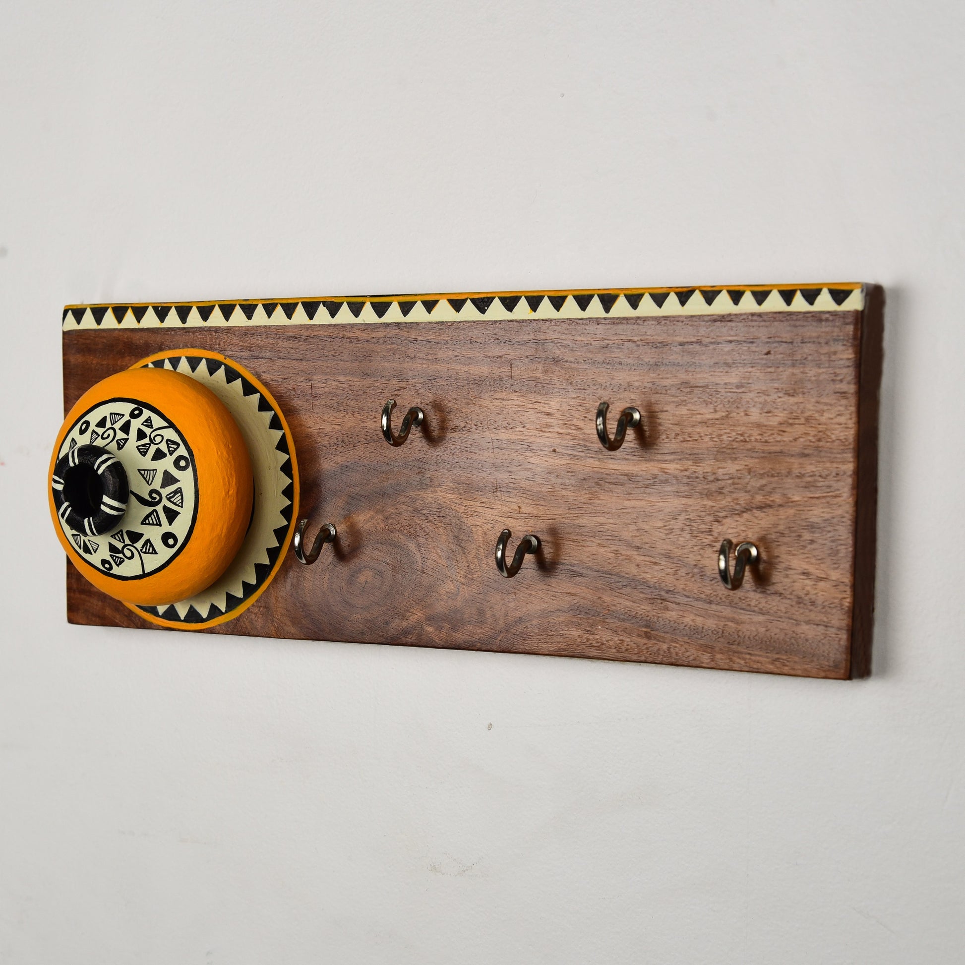'Matki On Top' Handcrafted Wooden Decorative Key Holder In Yellow Color